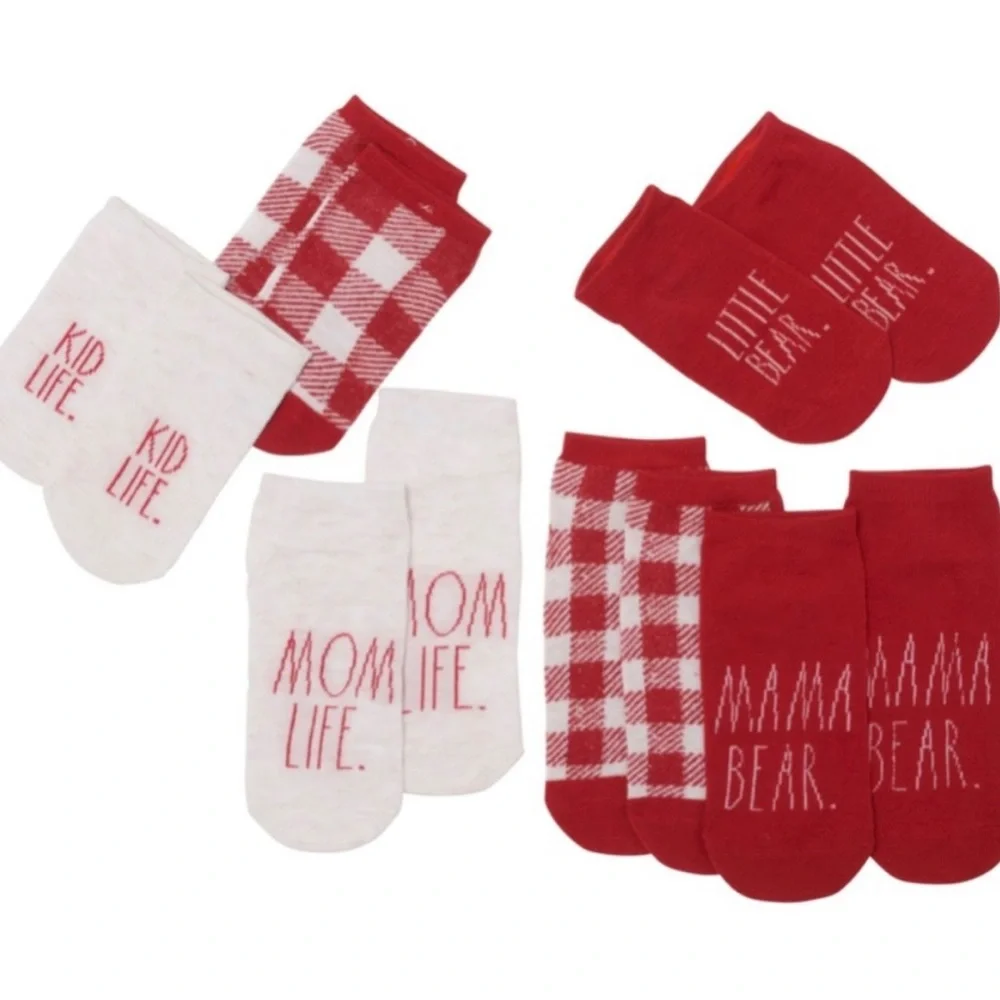 NWT Rae Dunn Mommy & Me 6-Pack Ankle Sock Gift Set Red White Plaid